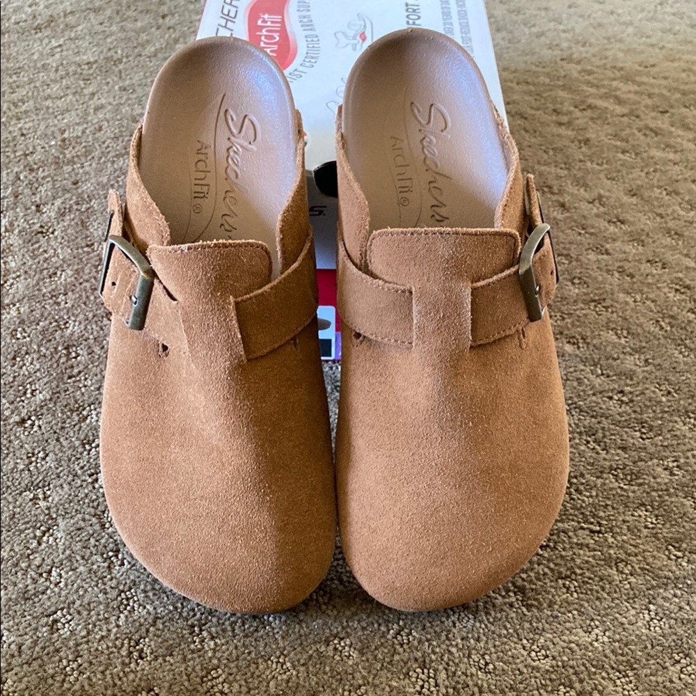 Skechers Tan Mules with Contoured Footbed